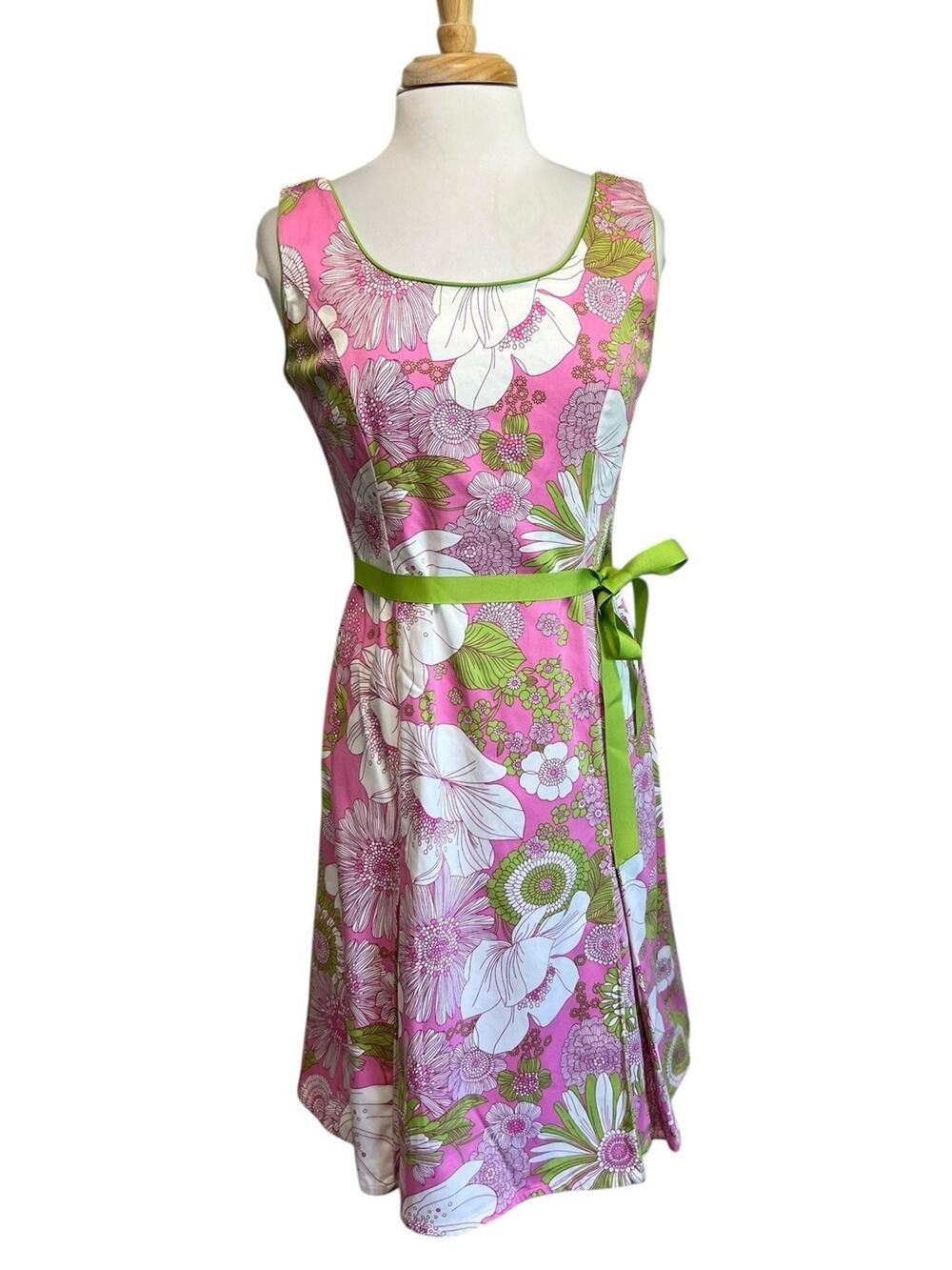 Sag Harbor Womens Dress Size 8 MOD Pink Floral Sleeveless Fit & Flare Belted
